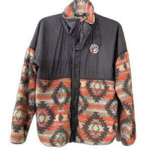 Buc-ees Jacket Womens M Gray Orange Aztec Fleece Full Zip snaps w pockets